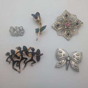 Lot of 5 vintage brooches: Metal - rhinestone - pearl